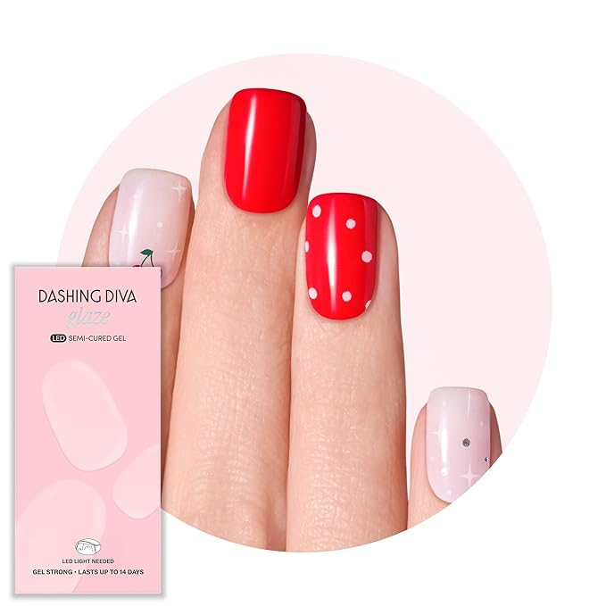 Dashing Diva Glaze Nail Strip Set - Cherry Vanilla - Long Lasting, Chip Resistant, Semi-Cured Gel Nails - 4-Piece Manicure Kit with 32 Strips
