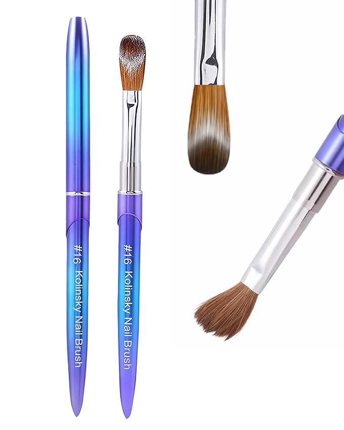 100% Pure Kolinsky Hair Acrylic Nail Art Brushes – Oval Crimped Tip for Acrylic Powder, Gradient Blue Metal Handle, Professional Nail Art Brush for Salon & DIY(#16)