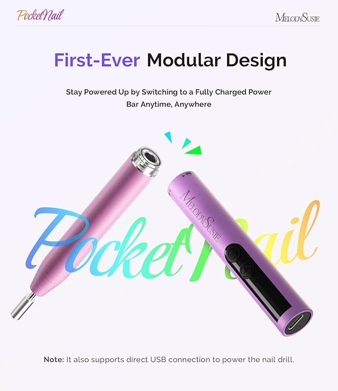 MelodySusie PocketNail Pen-Shaped Cordless Modular Nail Drill, Extended Kit, PC100GR 20000RPM Slim Portable Rechargeable Electric File for Nail Care & Gel Removal at Home for Beginners, Grape Ice