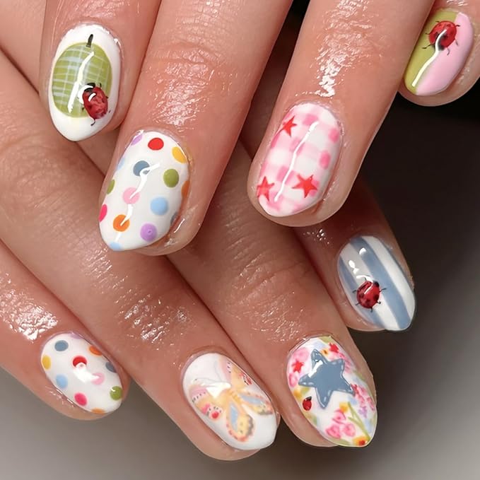 Medium Oval Press on Nails Spring Summer Fake Nails Cute Nails Press ons with Polka Dots Stripe Stars Design,Reusable & Easy Apply Full Cover Stick on Nails for Women Manicure 24Pcs
