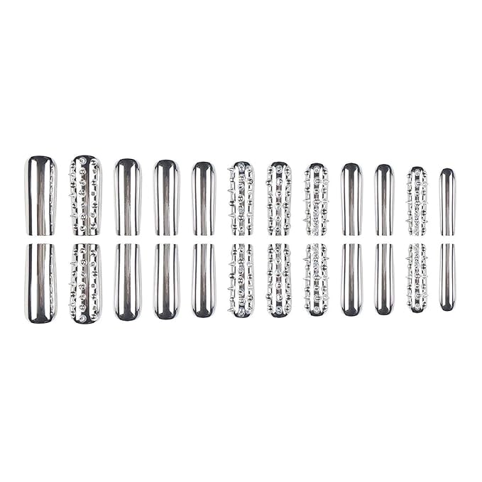 24Pcs Extra long Press on Nails Square Fake Nails Metal Silver Plating Full Cover Acrylic False Nails with Designs DIY Xl Glossy Artificial Stick on Nails for Women