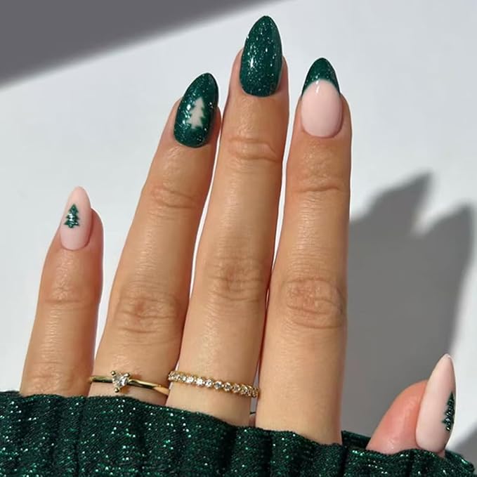 6 Packs (144 Pcs) Christmas Press on Nails Medium Almond Fake Nails Winter Xmas False Nails with Designs Snowflake Glue on Nails Full Cover Glossy Acrylic Stick on Nail for Women Girls Manicure