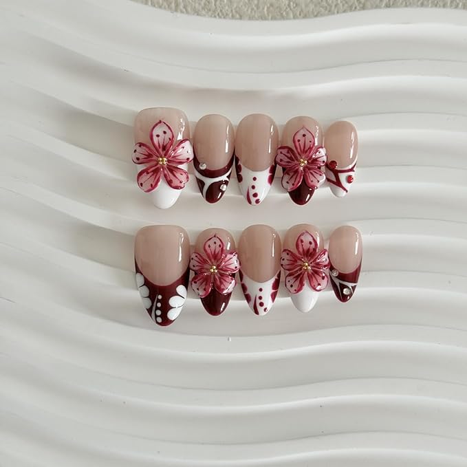 Handmade Press on Nails Medium Almond Fake Nails with French and Flower Designs Rhinestones Full Cover Handmade 3D Flower Stick on Nails for Women Decorations (Size S)