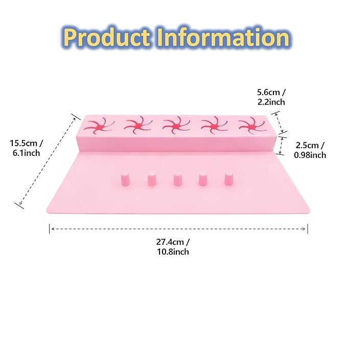 Silicone Nail Polish Holder and Mat, Anti-Spill Bottle Stand with 5 Slots, Manicure Hand Rest with Finger Separators, DIY Nail Art Station Organizer for Painting Nails, Pink