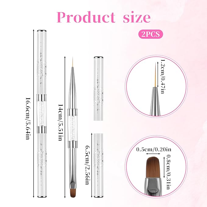 Dual-Ended Nail Art Brushes, 2 PCS Hard Gel Nail Brushes French Tip Nail Liner Brush Builder Gel Brushes Nail Drawing Brushes with Rhinestone Handle French Manicure Design Brushes for Nail Art Design
