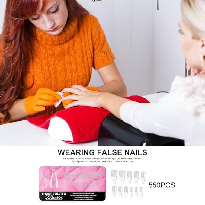 Gel Nail Tips Shape, 550 Pcs Half Matte Pre-Etched Press On False Nails, Full Cover Acrylic Nail Tips Kit for Nail Extensions, DIY Salon Nails. (Short Stiletto, Clear)