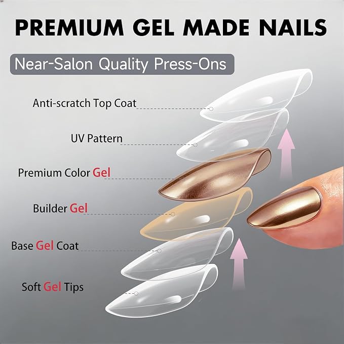 Chrome Press on Nails Short Almond, Metallic Light Gold Fake Nails with a Sparkle Mirror Finish, Glitter Glue on Nails for Women Birthday Party, Thick Quality Soft Gel Nail Press ons 30 Pcs