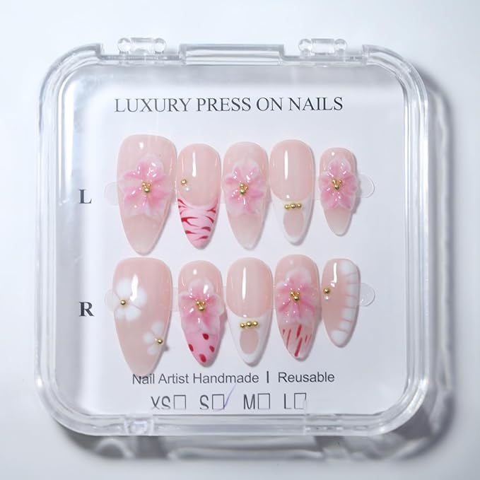 10 Medium Handmade Press On Nails | Light Nude Pink Base with 3D Floral, French White Tip, Red Marble Veins, White Petal & Gold Dot Accents | Easy Apply & Remove, Reusable (251215, S)