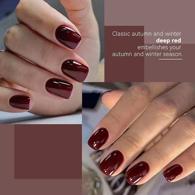 Dark Red Press on Nails Short Square, Sofe Gel Glossy Burgundy Nails Fall Full Cover Glue on Nails, Reusable Winter Thick Pretty Fake False Acrylic Nails Press Ons for Women,32pcs