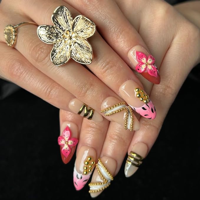 Medium - Luxury Medium Length Almond 3D False Nails Women Reusable ABS Material Finger Printed Nail Tip French Salon Design Artificial Fingernai-M-size