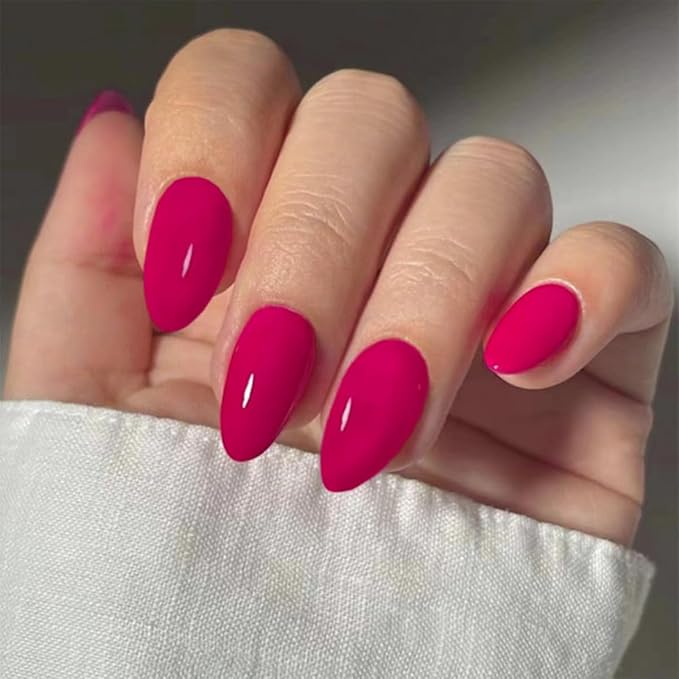 Red Press on Nails Short Almond Fake Nails Hot Pink False Nails Acrylic Glue on Nails Press ons Cute Artificial Stick on Nails for Women Decorations 24 Pcs