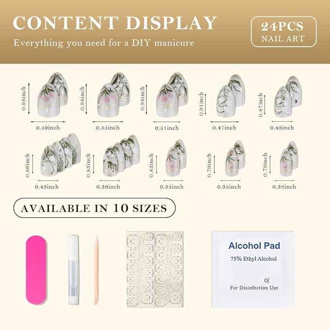 evpct 3D Light Green Handmade Press On Nails Almond Medium, 3D Water Plants Design Fake Nails Rusable for Spring & Summer Daily Wear, False Acrylic Nail with Kits Press ons Nail for Women Gift, 24Pcs