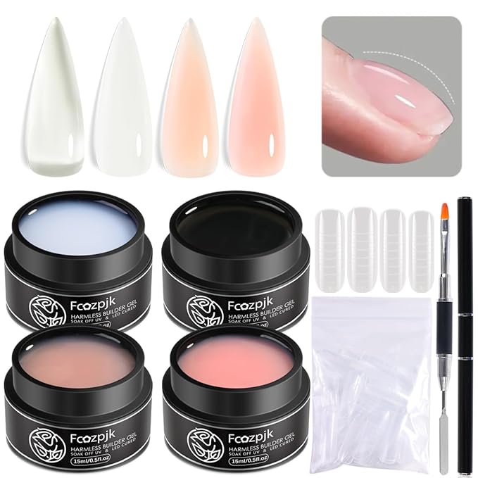 Builder Gel for Nails, 4 Colors Thickening Builder Nail Gel Clear Milky White Nude Pink Nail Strengthener Gels Kit with Brush Pen Soak Off UV Polish Nail Extension Manicure Supplies