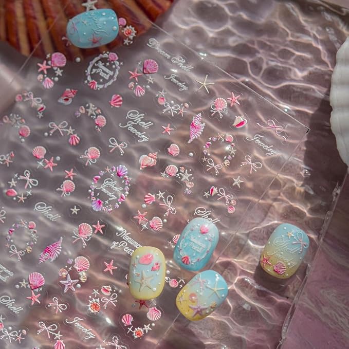 Ocean Nail Stickers 3D Self-Adhesive Pink 5D Embossed Pearl Seashell Starfish Nail Decals Flower Nails Supplies Star Bow Nails Designs Summer Nail Art Decoration for Women DIY Manicure 1 Sheet