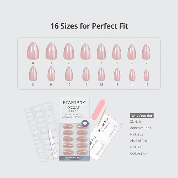 BTArtbox Press On Nails Almond - Short Nude Natural Nails Press Ons, Glue On Nails for Wedding Birthday Gift, Supremely Fit & Glossy Stick On Nails in 15 Sizes - 30 Nail Kit, Nudies