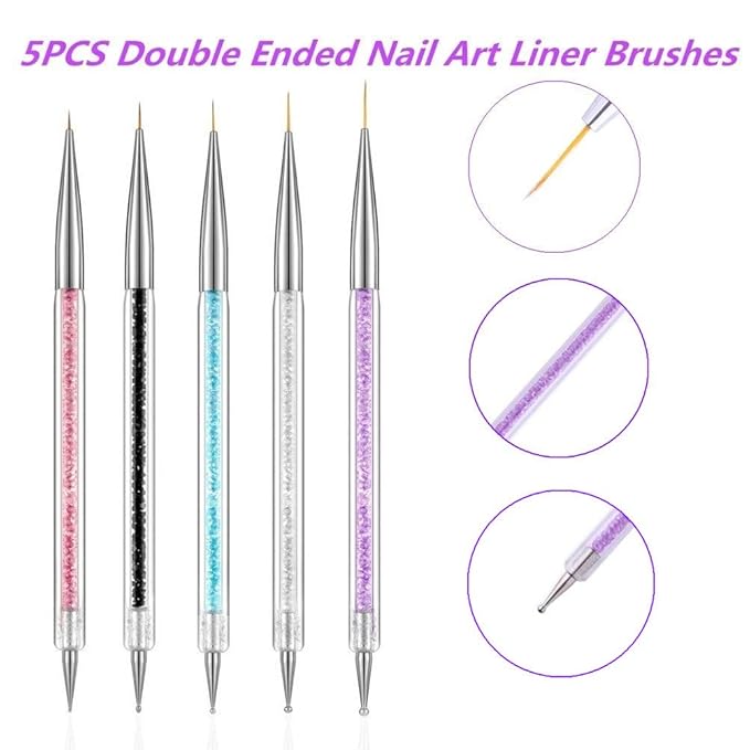 5 Pcs Nail Art Liner Brushes, Dual-ended Nail Art Point Drill Drawing Brush Pen Dotting Tools Set, Nail Design Liner Brushes and Dotting Pen