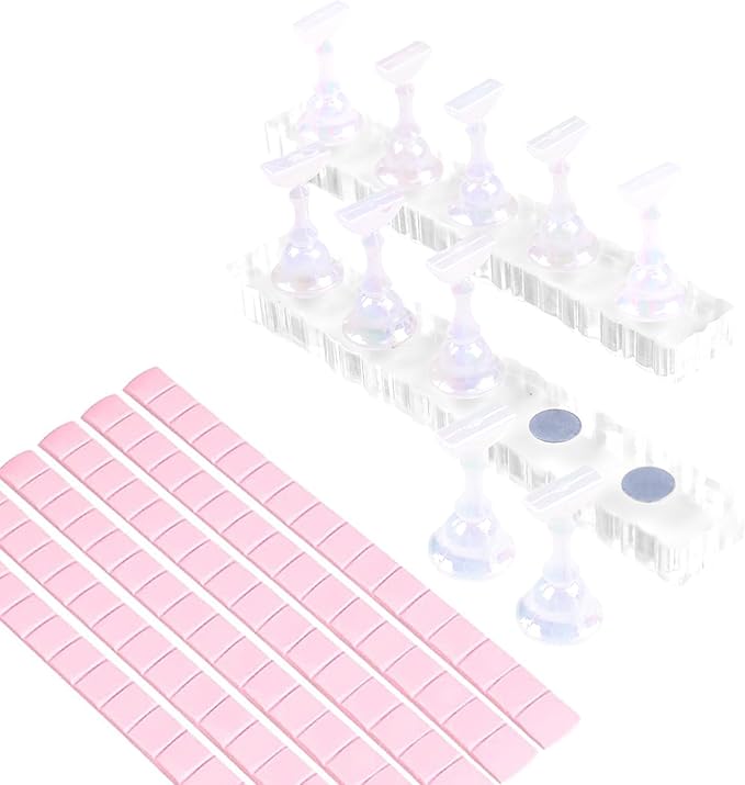 BQAN 2 Set Nail Holder for Painting Nails, Transparent Acrylic Nail Stand for Press on / Fake Nail Tips Training / Nails Display with 96 Pcs Reusable Adhesive Putty