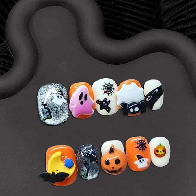 Handmade Press on Nails Short Square Fake Nails with Design Handmade Cute Cartoon Ghost Pumpkin Bat Glue on Nail Glitter False Nails Full Cover Thick Acrylic Halloween Nail for Women（Size S)