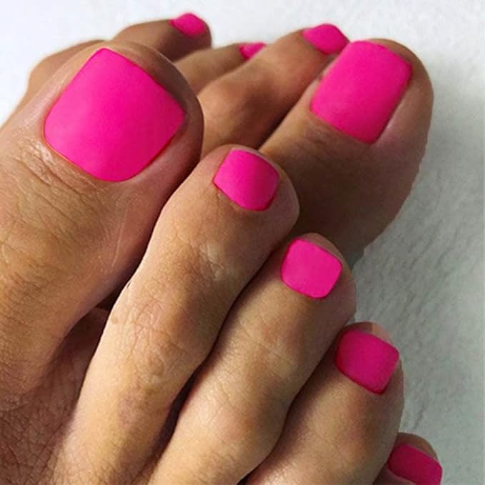 Hot Pink Press on Toenails Matte Short Fake Toe Nails Acrylic False Toesnail Square Cute Pressons Toenail Artificial Beach Full Cover Feet Nail for Women 24 Pcs (Hot Pink)