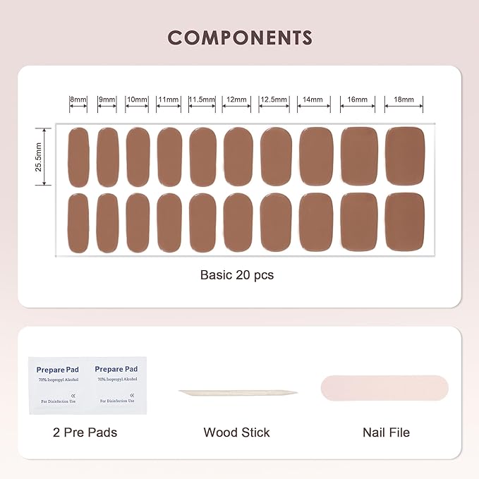 Semi Cured Gel Nail Strips – Real Gel Nail Polish Wraps for Brittle Nails | Waterproof Long Lasting Easy Peel-Off Removal | Hema-Free | 20-Piece Solid Brown Salon Sticker Kit with File & Stick