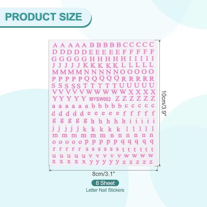 PATIKIL Letter Nail Stickers, 8 Sheet 3D Self-Adhesive English Letter Nail Decals Small Alphabet Art Sticker Metallic Fluorescence Design Manicure for Women DIY Decor, Rose Red