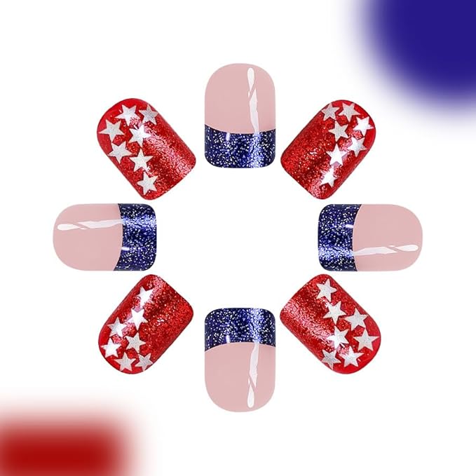 CurvLife Short Press On Nails - Independence Day Design Glossy Acrylic Stick On False Nails for Women