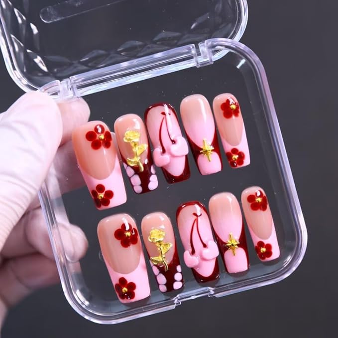 10Pcs Press On Nails Square Shape Hnadmade Fake Nails, Pink French Love Acrylic Nails, Reusable Artificial Gold Plated Decoration Square False Nails for Women (Size L)