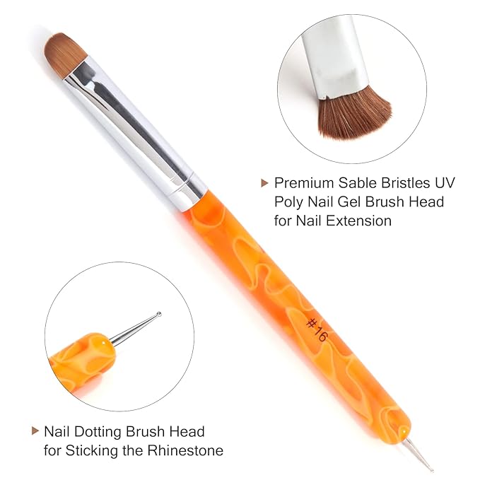 French Manicure Brush - Two Way Nail Art Brush with Dotting Tool for Cuticle Clean Up & Design - Professional Salon Quality, Dotting Pen (16#, Orange)