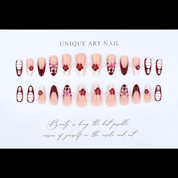 French Tip Press on Nails Medium Almond Fake Nails Flower False Nails with Gold Rhinestones Design Glossy Nails Press Ons White Red Stick on Nail Acrylic Glue on Nail for Women Set 24Pcs