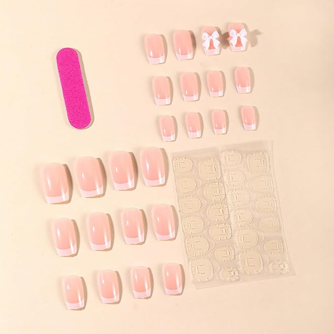 Press on Nails Short Square MABKJLF White French Tip Fake Nails False Nails with Designs Bow Charm Glossy Glue on Nails Stick on Nails Acrylic Nails for Women Girls 24 Pcs