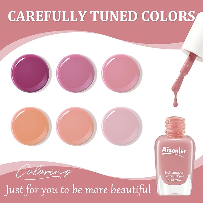 Nude Nail Polish Set, Quick Dry Fingernail Polish 6 Classic Nude Colors Collection, Nude Pink, No UV Light Needed, Long Lasting for Nail Art Design at Home DIY