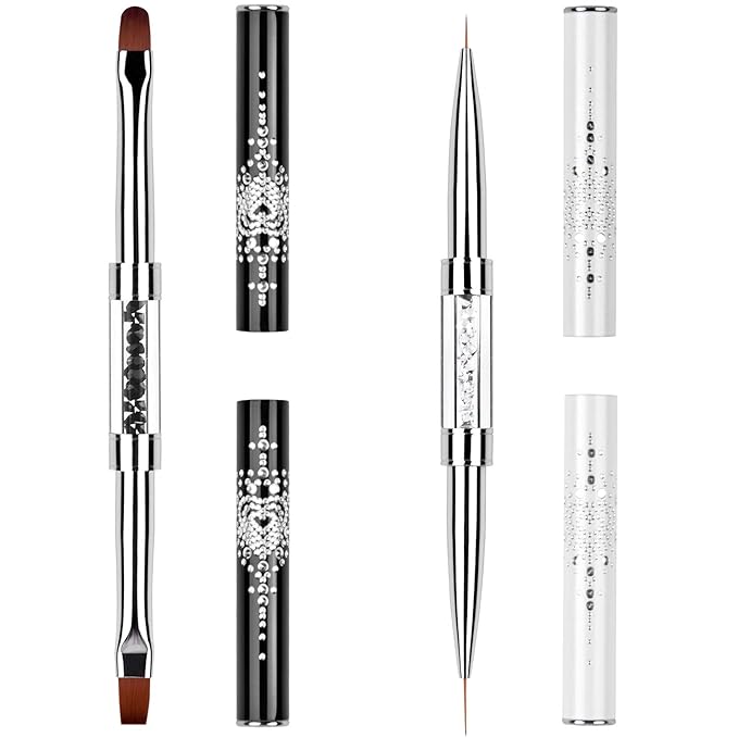 2Pcs Dual-ended Nail Design Brushes Rhinestone Handle UV Gel Nail Brush Set Professional Nail Art Tools