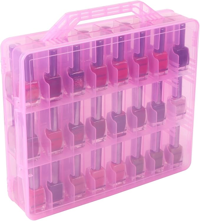 Universal Nail Polish Holder Gel Nail Polish Organizer Case for 48 Bottles Adjustable Dividers Space Saver,Double Sided Storage for Nail Bottles Mini Cars Threads Essential Oils (Pink)