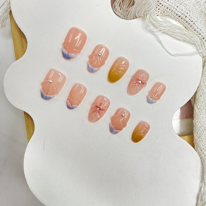 Handmade Press on Nails Gradient Press on Nails Short Almond Fake Nail Rhinestones False Nails Glossy Flower Full Cover French Stick on Nail Acrylic Artificial Nails for Women Glue on Nails (Size M)