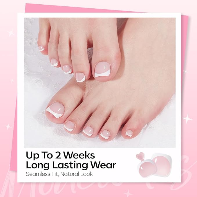 Modelones Press on Toenails Short, Pink French Tip Toe Nails Square, Reusable Nail Kit with Nail Glue Adhesive Tabs Mini Nail File, Toe Nails 36Pcs 18Sizes, Spring Women Girl Gift