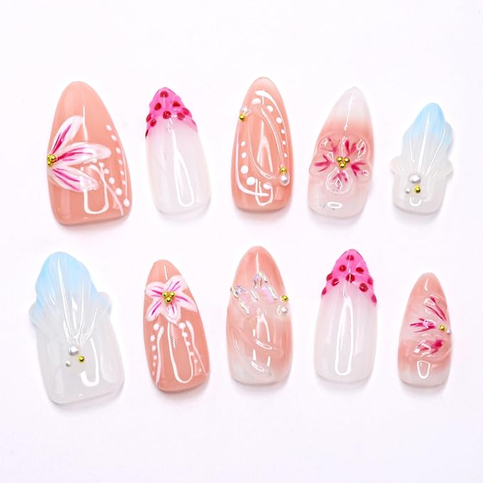 Flower Press on Nails - Medium Almond French Tip Fake Nails Handmade Press on Nails 3D Flower Butterfly False Nails with Water Ripple Design Muti-Layer Gel Artificial Acrylic Nails for Women (Size M)