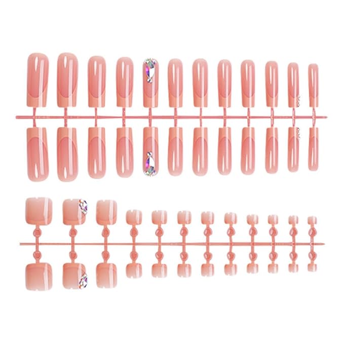 48Pcs French tips Press on Toenails Orange Press on Nails Long Square Fake Nails with Design Diamond Glue on Nails Rhinestone False Nails Glossy Reusable Summer Nails Toenails for Women Manicure