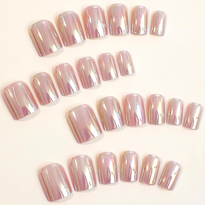 Press on Nails Pink Chrome Nails French Fake Nails French Fake Reusable Nail Kit with Nail Glue Adhesive Tabs Mini Nail File for Women Manicure Art Decoration 24PCS