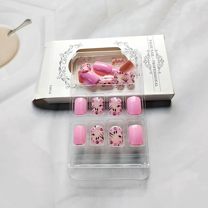 Pink Press on Nails Square Short Cute Fake Nails Press ons Nails Tips Artificial Acrylic Kit Full Cover Short False Nails with Flowers Glossy Design Stick on Nails for Women 24Pcs