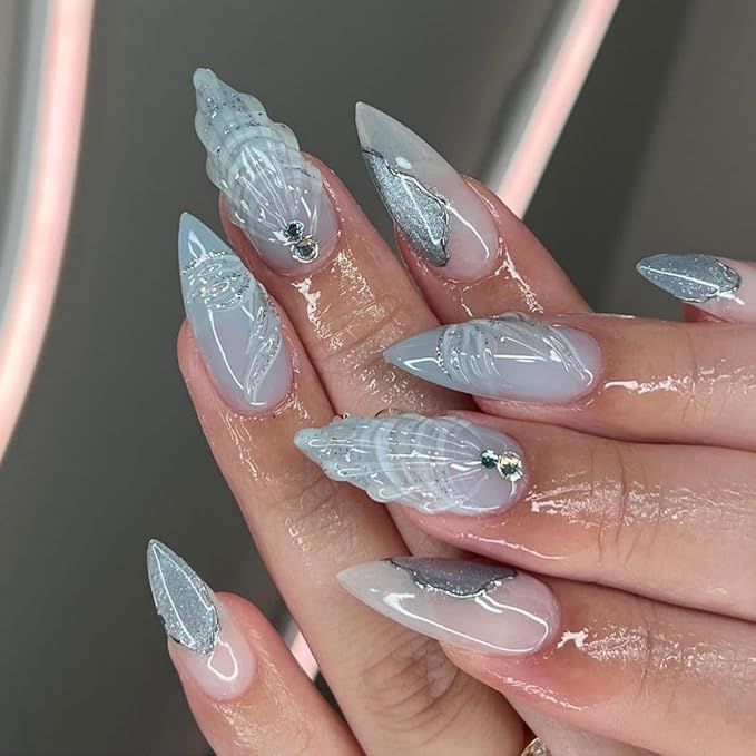 Handmade Press on Nails Medium Almond Fake Nails with Seashell Design Marble Glue on Nails Ocean Rhinestones False Nails Glossy Reusable Summer Stick on Nails for Women Girls Manicure 24pcs