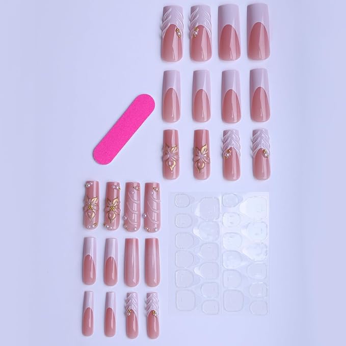 Long Square Press on Nails, Gold Embossed Flowers Acrylic Press on Nails with Cute Pearl Charms Designs，Long Press on Nail for Women 24pcs