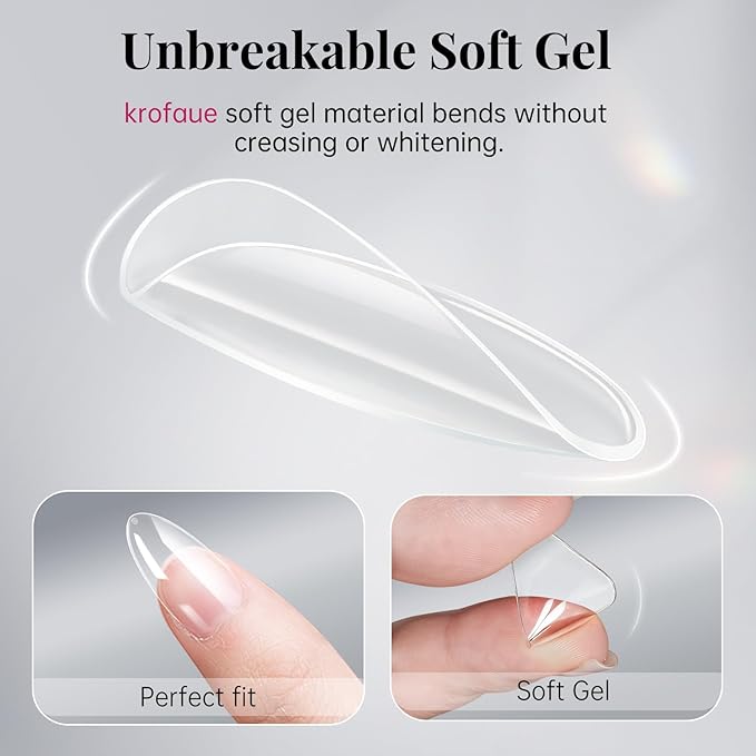 krofaue Short Almond Nails Tips 240Pcs 12 Sizes- Soft Gel Clear No Crease Pre-shape Oval Artificial Acrylic False Full Cover Press on Nails for Extension Home DIY Art