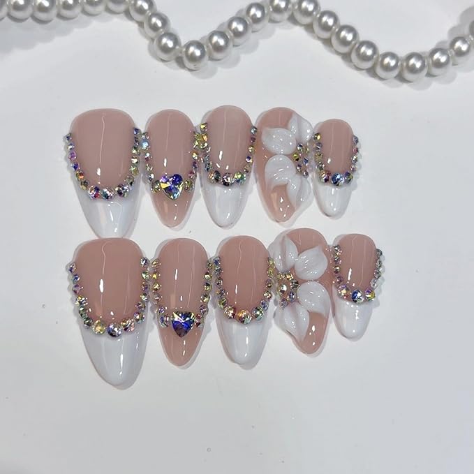 Handmade Press on Nails Almond Medium Shaped Fake Nails Luxury 3D Rhinestone Flower Hand Made Nails with Designs Muti-Layer Gel Thicked Acrylic Nails for Women (Size M)