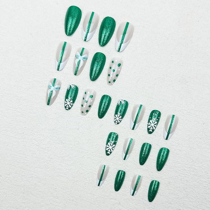Christmas Press on Nails Medium Almond MABKJLF French Tip Fake Nails False Nails with Snowflake Bow Green & White Polka Dots Glitter Designs Glossy Glue on Nail Acrylic Nails for Women Girls 24Pcs