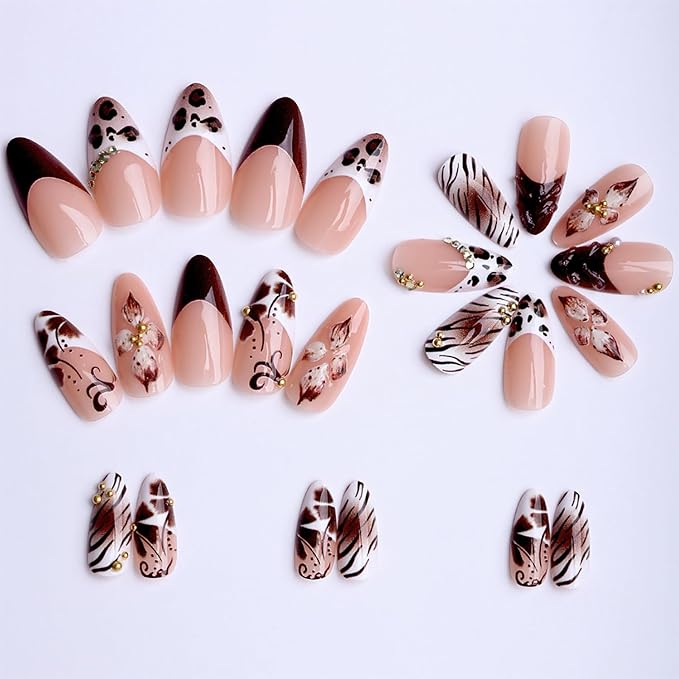 Long Press on Nails Almond MABKJLF French Tip Fake Nails 3D Fall False Nails with Leopard Print Flower Rhinestones Designs Brown Glossy Glue on Nail Autumn Acrylic Nails for Women Girls 24Pcs