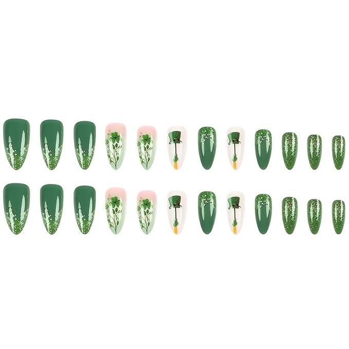 St. Patrick's Day Press on Nails Medium Almond Fake Nail with Green Glitter Designs False Nails Press Ons Stick on Nails Gift for Women 25pcs