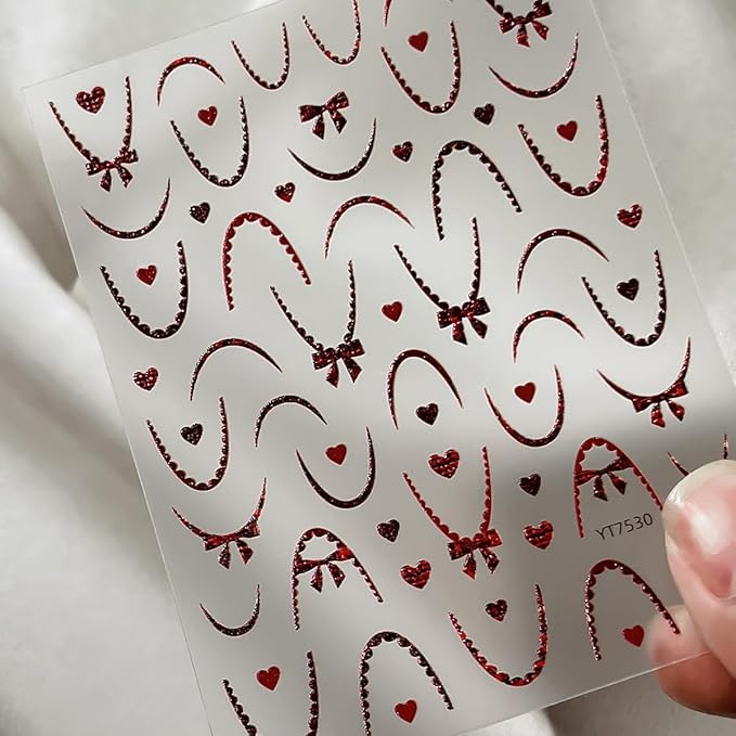 5D Embossed French Tip Nail Stickers for Nails Self-Adhesive Art Valentines Day Nail Art Stickers Cute Nail Decals with Black Red French Line Bow Heart Designs Manicure Decorations for Women 2 Sheets