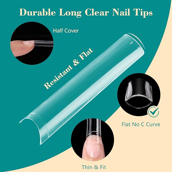 200PCS 3 4 5 6 Size NO C Curve Clear Nail Tips for Acrylic Nails Professional, 3XL Long Flat Tapered Square Nail Tips, Half Cover Straight French Fake Nail Tips Nail Extension for Nail Salons Home DIY
