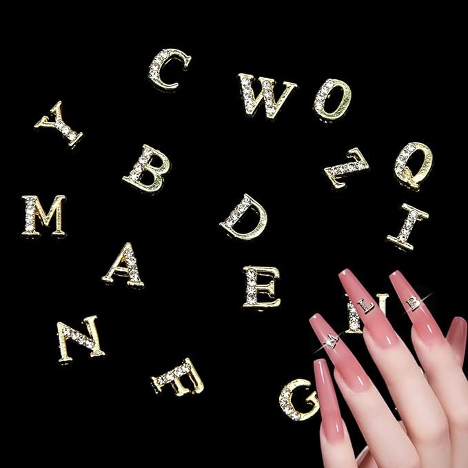 104 Pcs Rhinestone Letters Nail Charms, A-Z Alphabet 3D Nail Studs, Gold Silver Style Nail Art Charms for Manicure Decorations DIY Jewelry Making Supplies