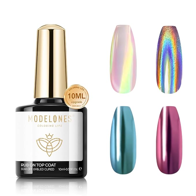 modelones Gel Top Coat for Chrome Nail Powder, Clear Mirror Gloss Metallic Finish No Wipe Gel Polish Long Lasting Soak Off Nail Lamp High Shiny for Home Salon DIY Professional Manicure Nail Art Gift